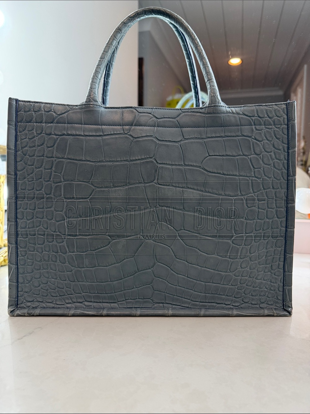 Dior Blue Leather Croc-Embossed Book Tote